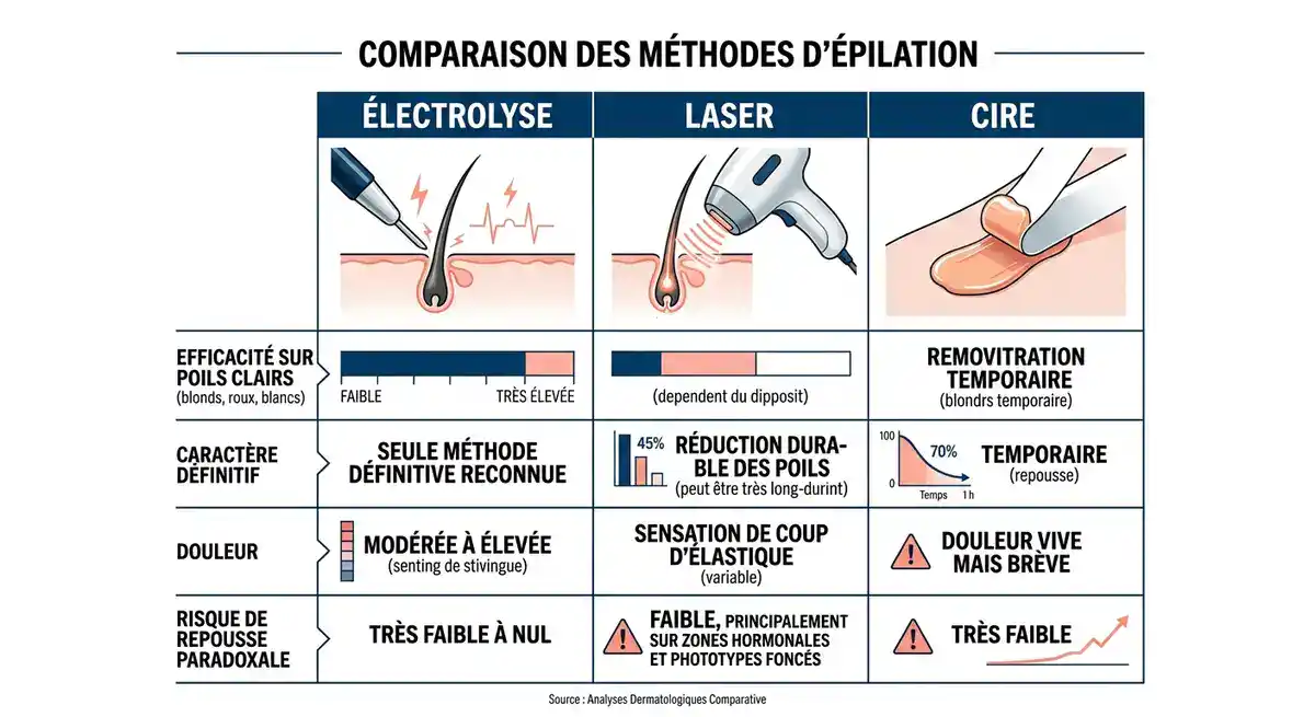Tableau comparatif des méthodes d'épilation : électrolyse, laser et cire