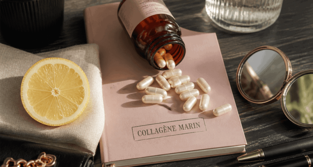 collagene marin en gelules sur table avec citron et carnet