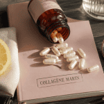 collagene marin en gelules sur table avec citron et carnet