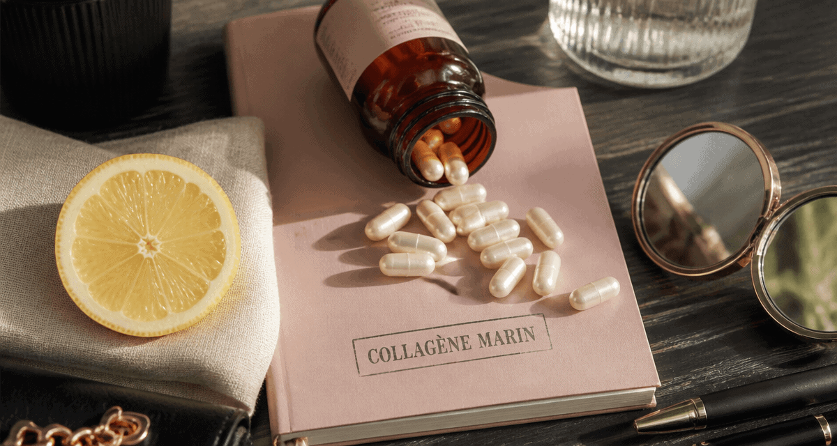 collagene marin en gelules sur table avec citron et carnet