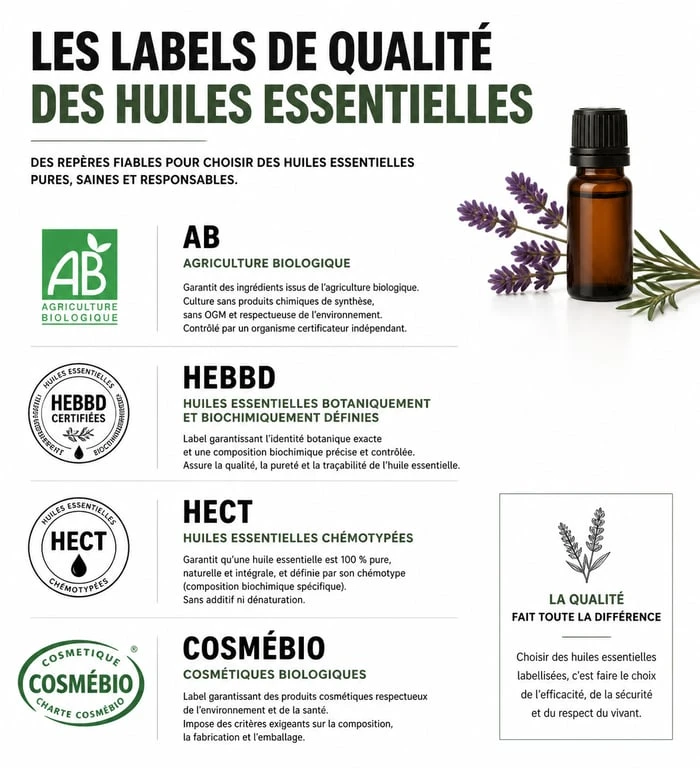 Labels de qualité et certifications pour choisir ses huiles essentielles : AB, HEBBD, HECT