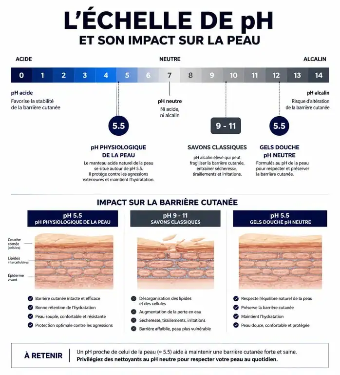Infographie comparant le pH de la peau avec celui des gels douche pH neutre pour comprendre le meilleur choix pour sa peau.