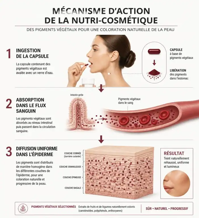 Schéma explicatif du mécanisme d'action de l'autobronzant Oenobiol Perfect Bronze