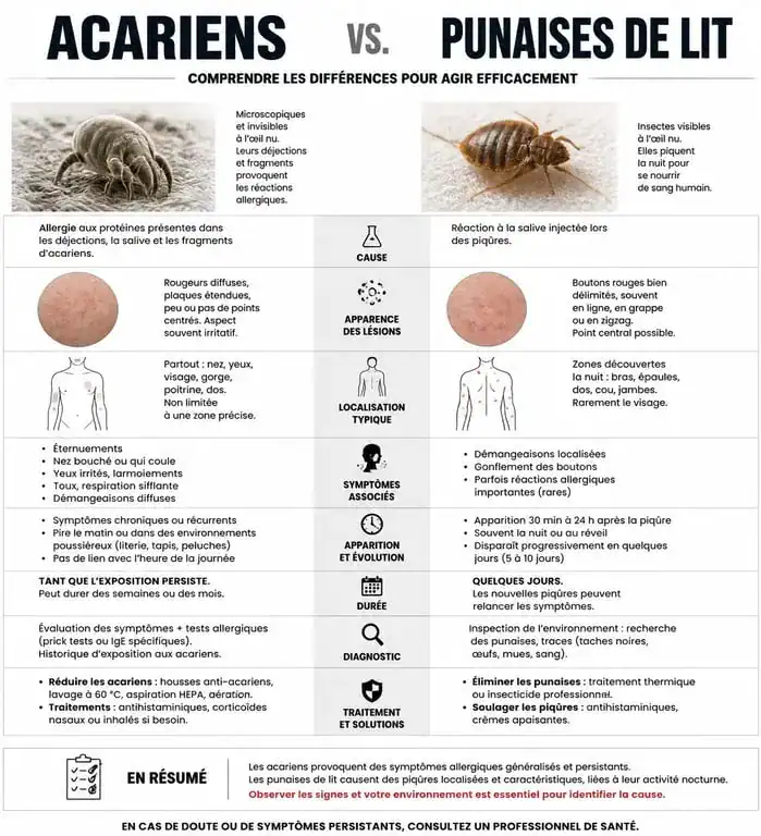 Infographie comparative des symptômes : acariens vs punaises de lit