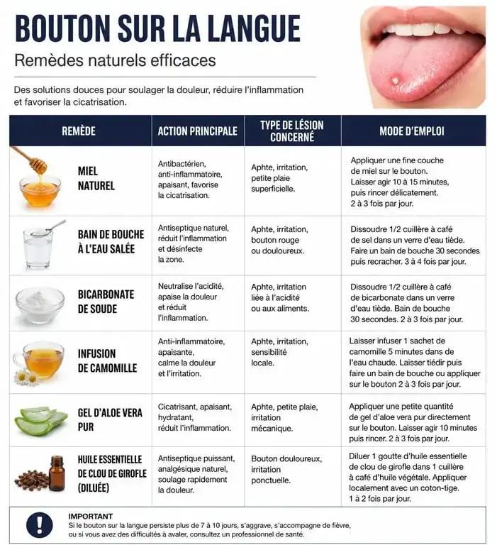 Infographie des remèdes naturels pour traiter un bouton sur la langue