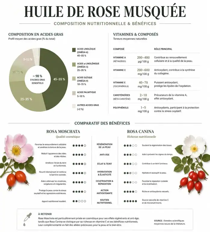 Infographie des bienfaits et composition de l'huile de rose musquée pour la peau