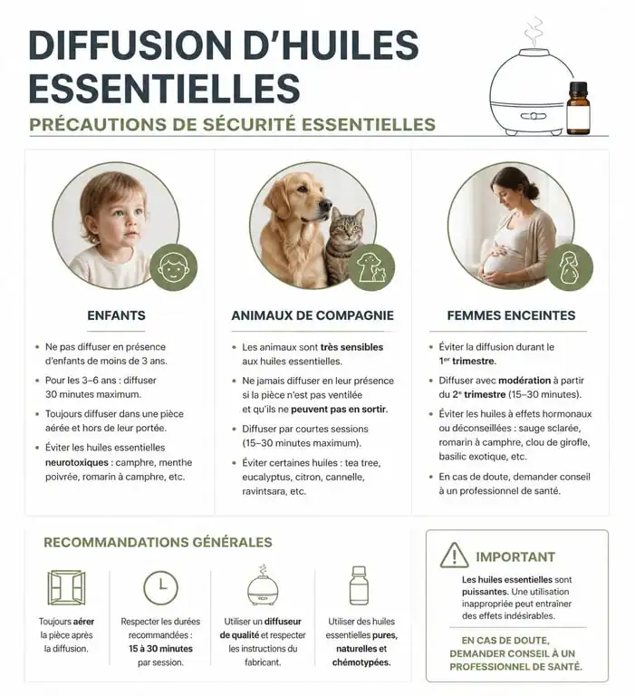 Infographie des précautions de sécurité pour la diffusion d'huiles essentielles