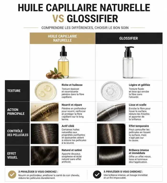 Infographie comparative : glossifier pour cheveux vs huile capillaire naturelle pour la santé du cuir chevelu