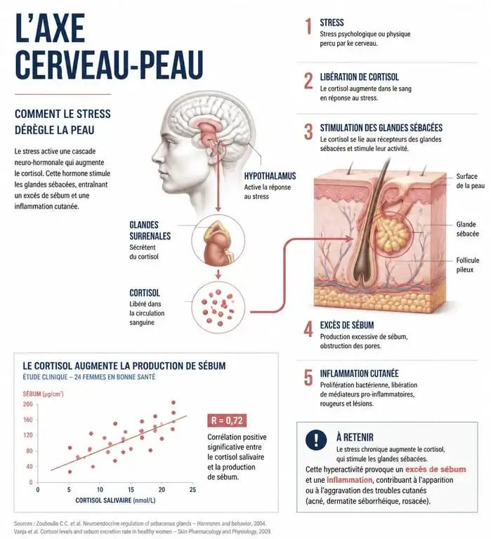 Schéma explicatif du mécanisme biologique des boutons de stress sur le visage