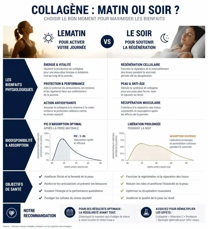 Infographie comparative : quand prendre le collagène matin ou soir pour optimiser ses bienfaits