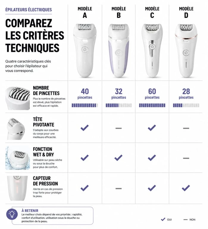 Infographie comparative des critères techniques pour choisir le meilleur épilateur électrique avis
