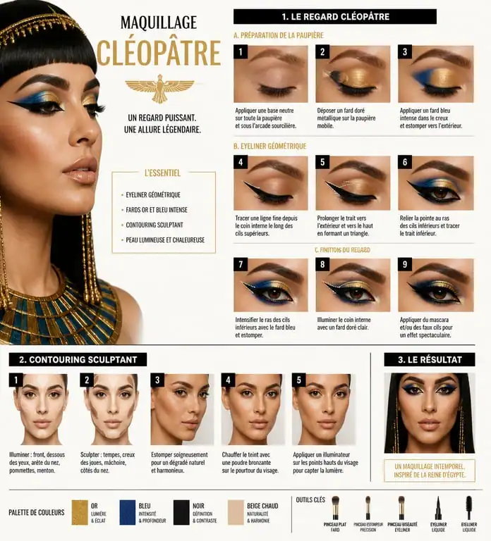 Étapes de réalisation d'un maquillage Cléopâtre, eyeliner géométrique et fard à paupières or et bleu