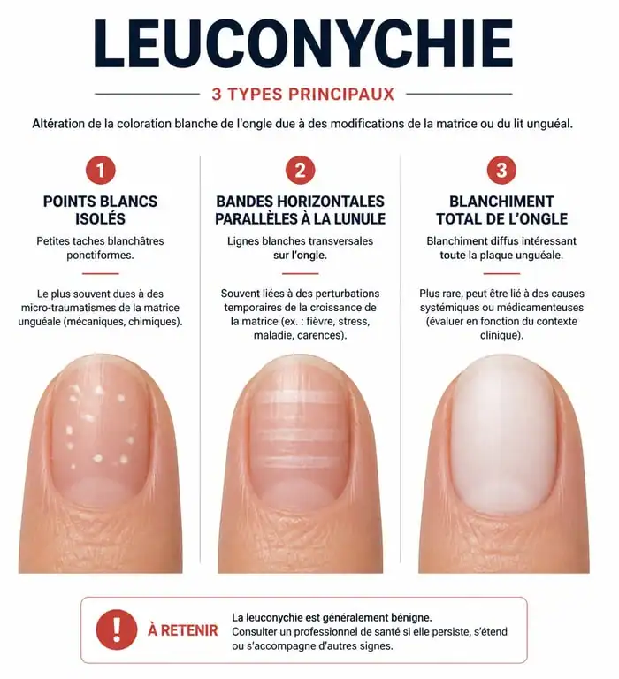 Infographie illustrant les différents types de leuconychie et taches blanches sur les ongles