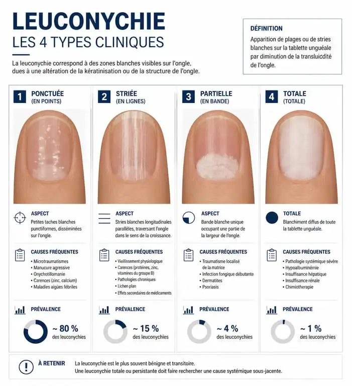 Schéma des différents types de leuconychie ou lignes blanches sur les ongles