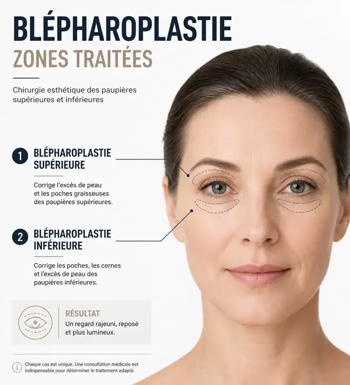 Schéma explicatif des zones traitées lors d'une blépharoplastie pour paupières tombantes