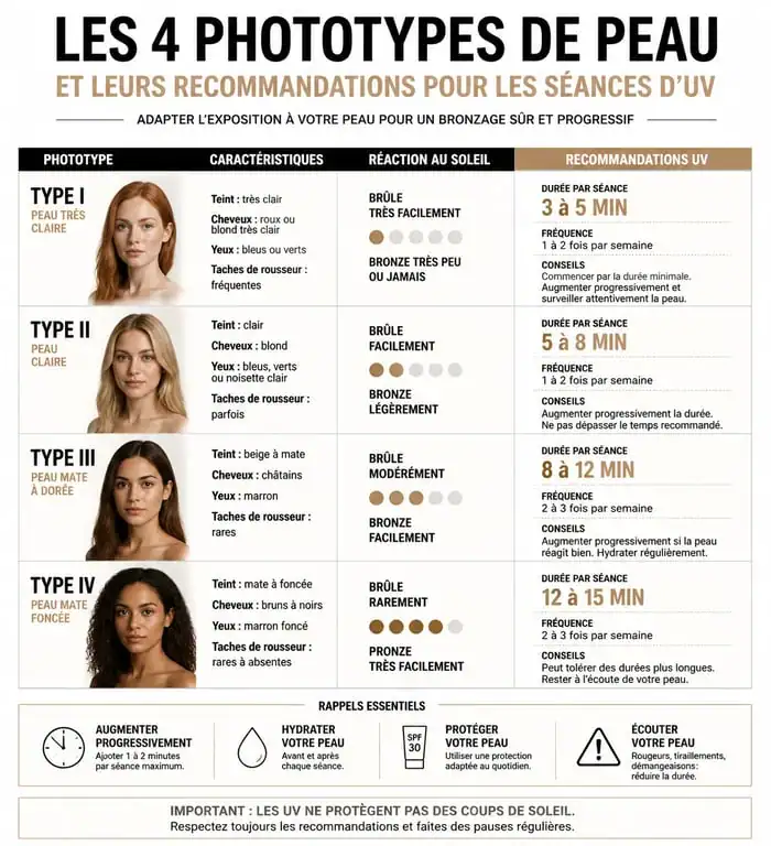 Infographie des phototypes de peau pour les séances UV à Plan de Campagne