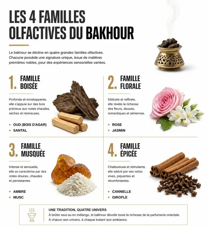 Infographie des familles olfactives du bakhour : boisée, florale, musquée et épicée.