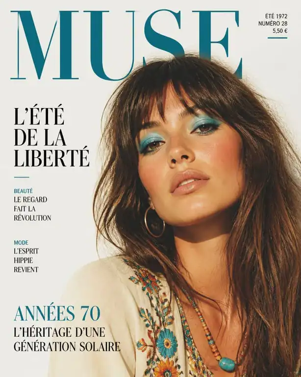 Maquillage années 70 hippie avec fard à paupières bleu turquoise et teint naturel