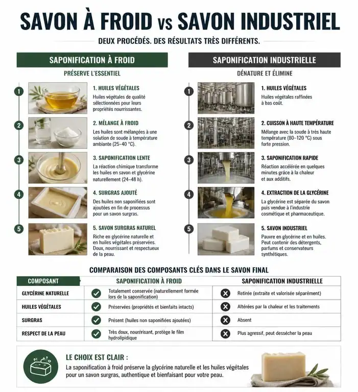 Infographie comparative : saponification à froid vs industrielle pour le meilleur savon surgras