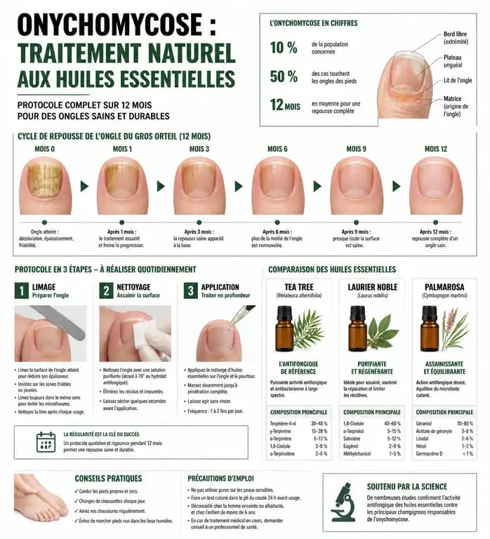 Infographie sur le traitement naturel de la mycose de l'ongle du pied avec huiles essentielles