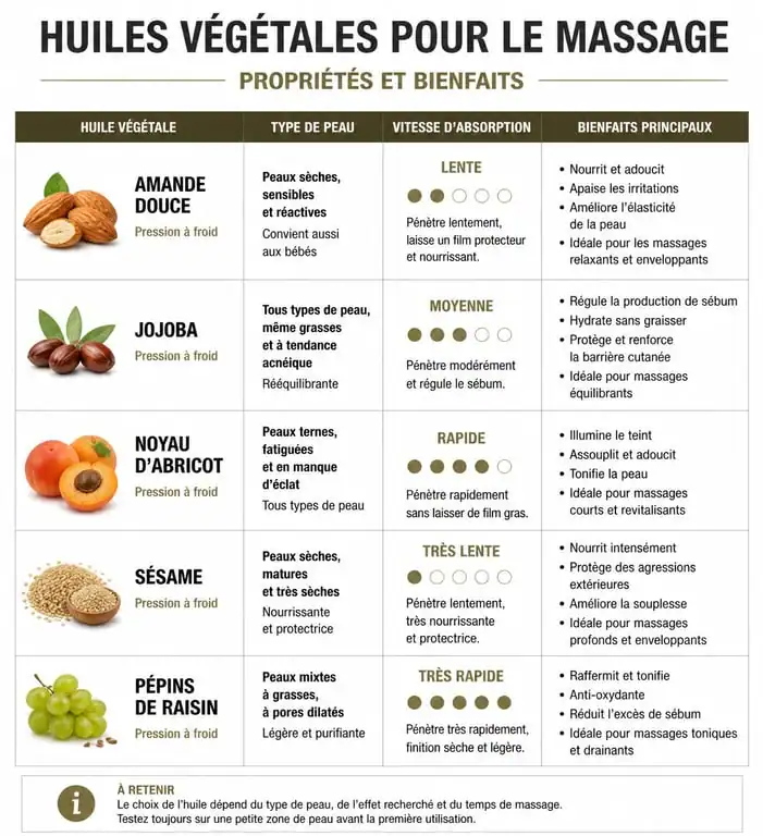 Infographie comparative des meilleures huiles de massage selon le type de peau et les bienfaits