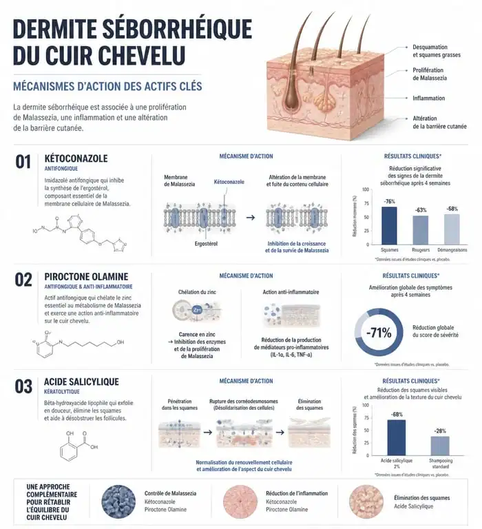 Infographie explicative des actifs du meilleur shampoing pour dermite séborrhéique et leur action sur le cuir chevelu