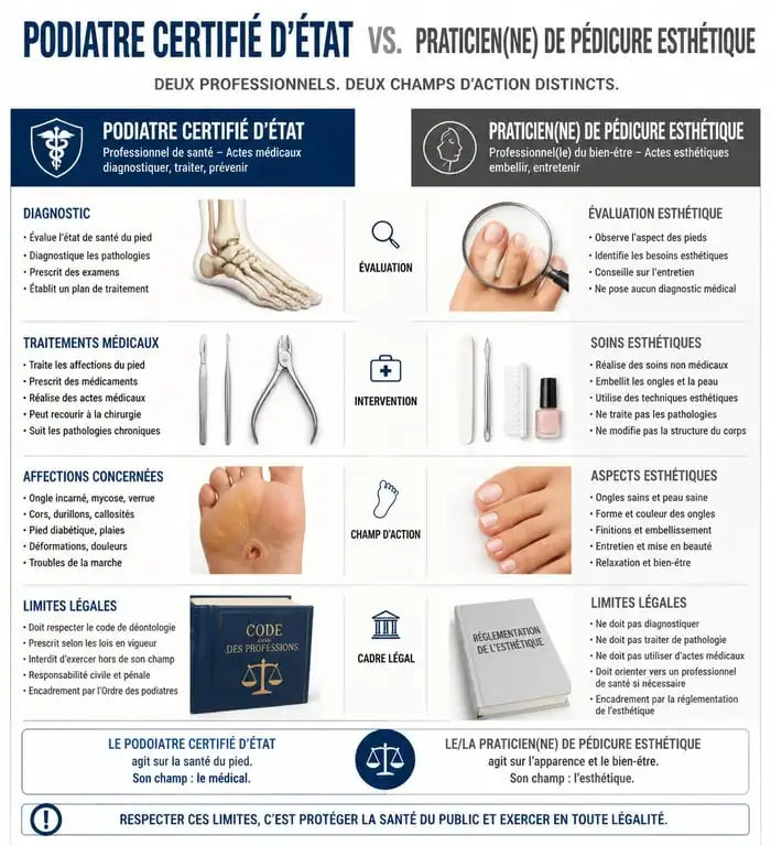 Infographie comparative des différences entre pédicure-podologue et praticien en pédicure esthétique