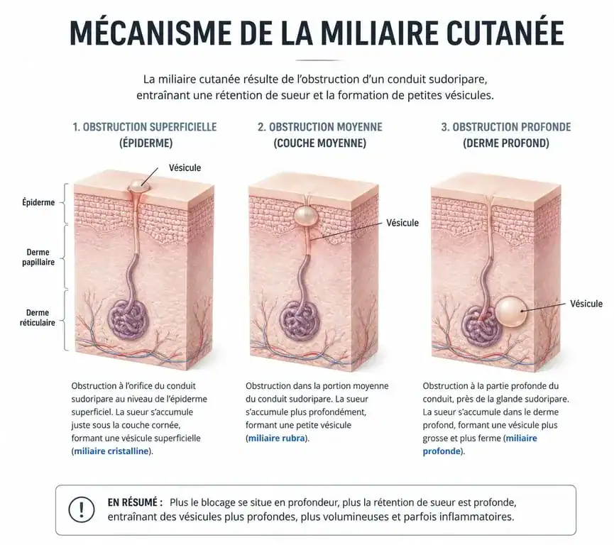 Schéma explicatif des différents types de boutons de chaleur chez l'adulte : miliaire cristalline, rouge et profonde.
