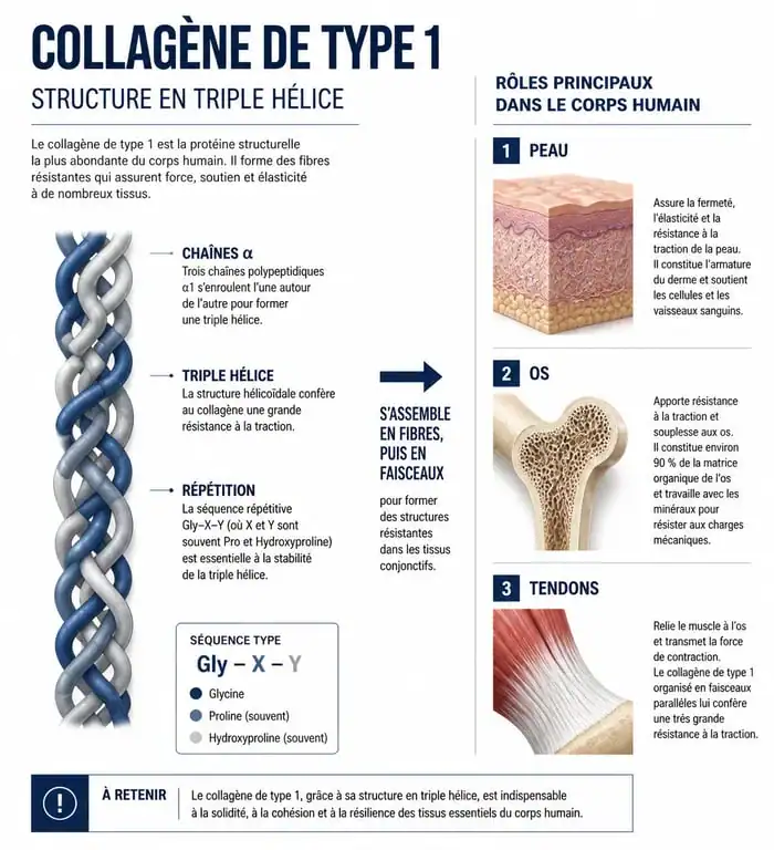 Schéma explicatif de la structure et des rôles du collagène de type 1 dans l'organisme