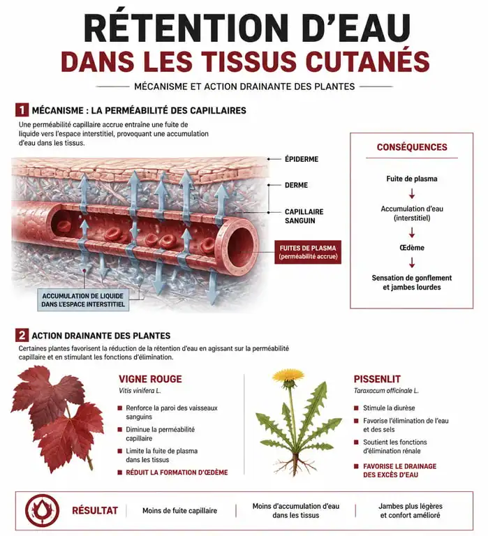 Schéma explicatif du mécanisme de la rétention d'eau et action des actifs anti-rétention d'eau puissant