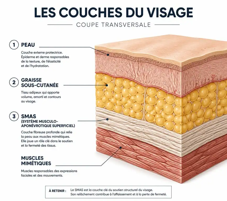 Schéma anatomique du SMAS face lifting montrant les couches profondes du visage