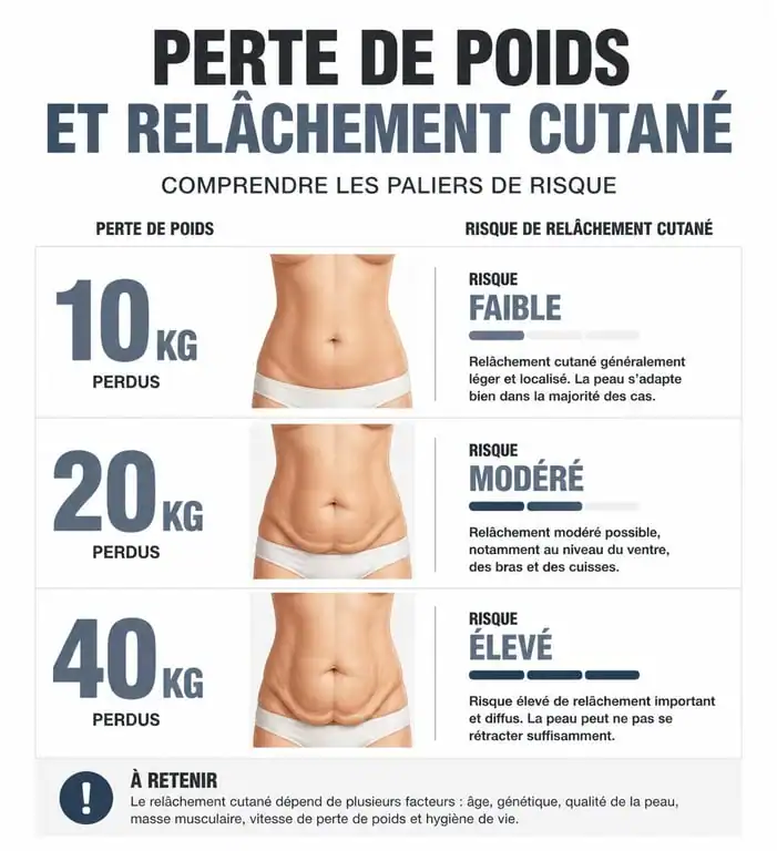 Infographie sur les seuils de perte de poids et le risque de peau qui pend