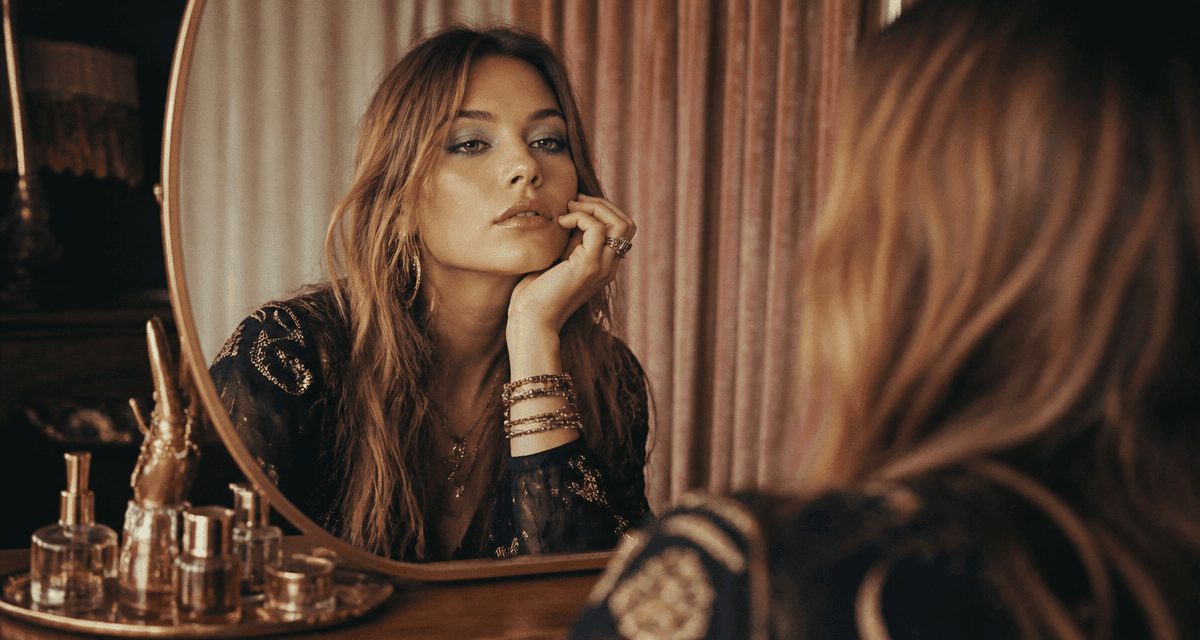 maquillage année 70 hippie sur femme devant miroir