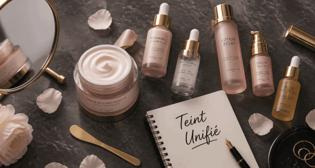 meilleur crème éclaircissante pour visage, flat-lay beauté, sérum, flacons, marbre