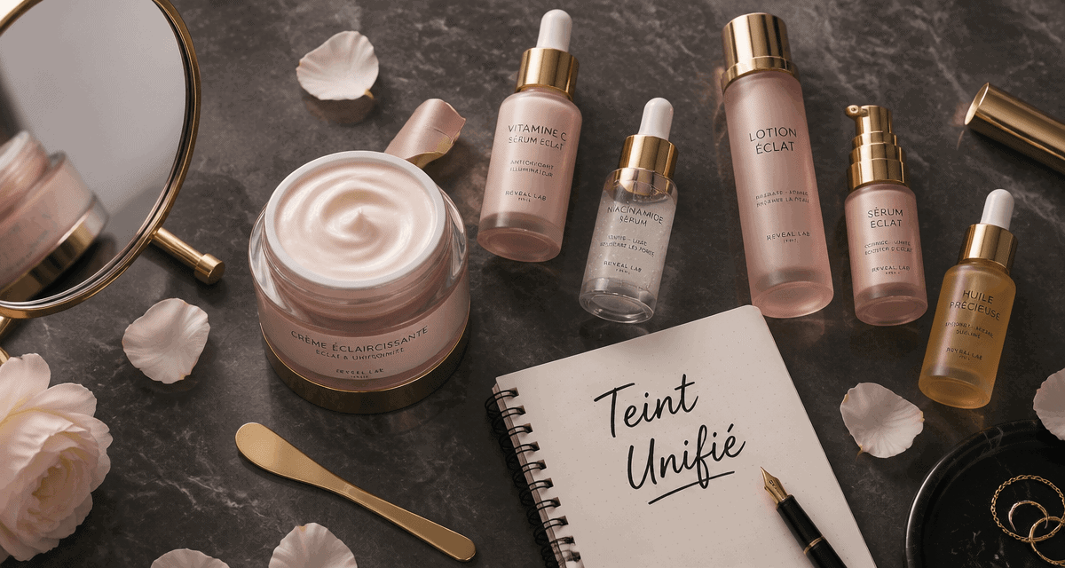 meilleur crème éclaircissante pour visage, flat-lay beauté, sérum, flacons, marbre