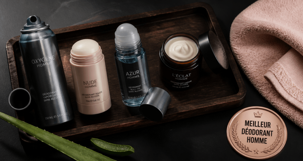 meilleur déodorant pour homme en flacons variés sur plateau