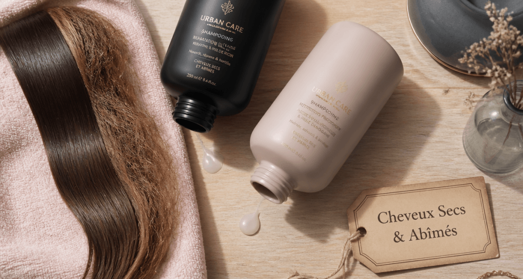 meilleur shampoing pour cheveux secs et abîmés sur table de salle de bain