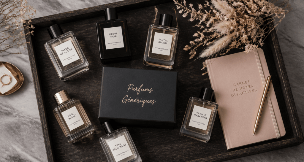 parfums generiques flacons minimalistes plateau