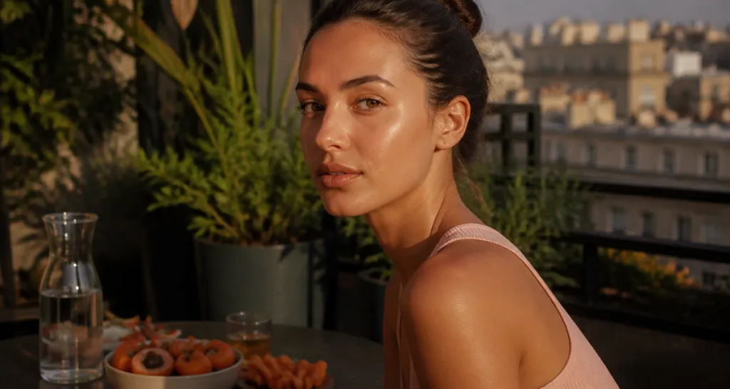 bronzer au visage jeune femme teint lumineux terrasse
