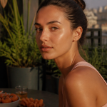 bronzer au visage jeune femme teint lumineux terrasse