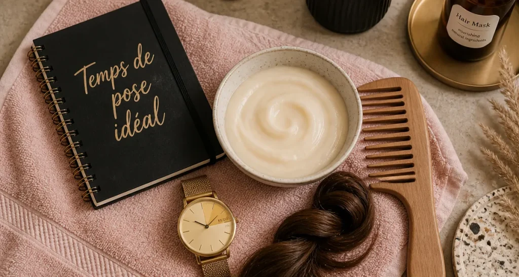Combien de temps laisser poser un masque cheveux, flat lay salle de bain