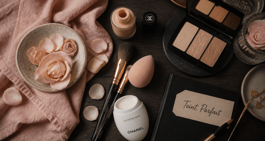 comment appliquer le fond de teint flat lay accessoires