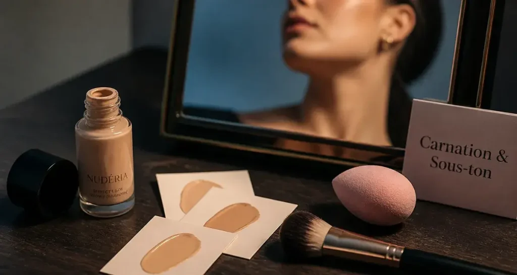 Comment choisir son fond de teint : teinte sans effet masque, test mâchoire-vers-cou