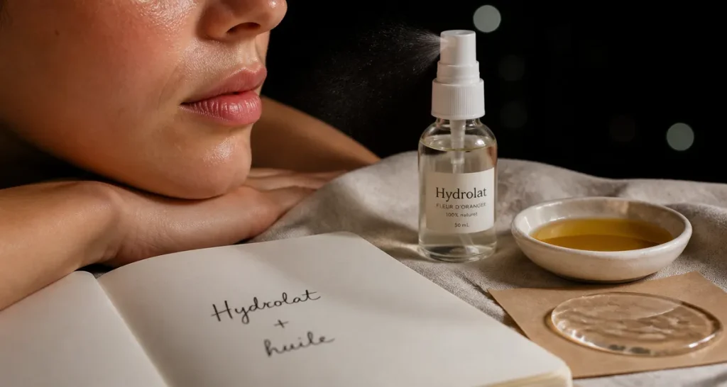 Comment hydrater sa peau sans crème : hydrolat en spray et huile de jojoba sur peau