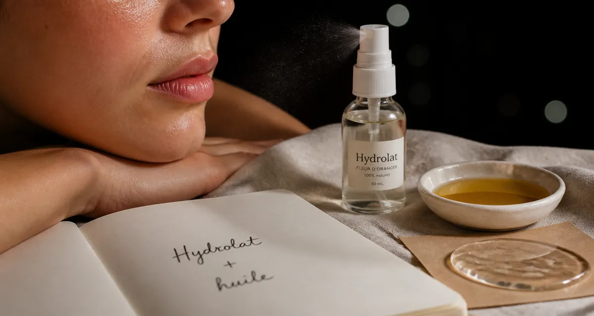 Comment hydrater sa peau sans crème : hydrolat en spray et huile de jojoba sur peau