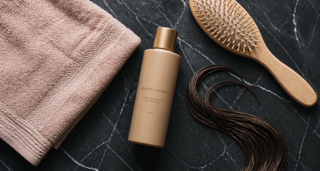 comment utiliser après-shampoing flat lay salle de bain