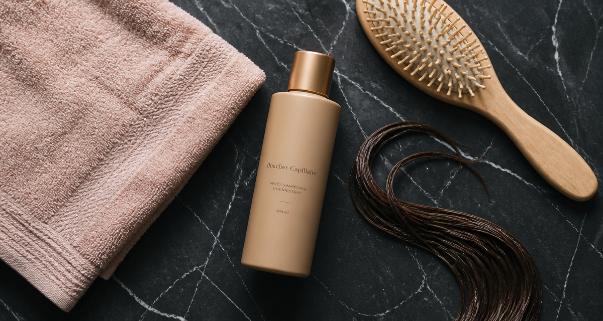 comment utiliser après-shampoing flat lay salle de bain