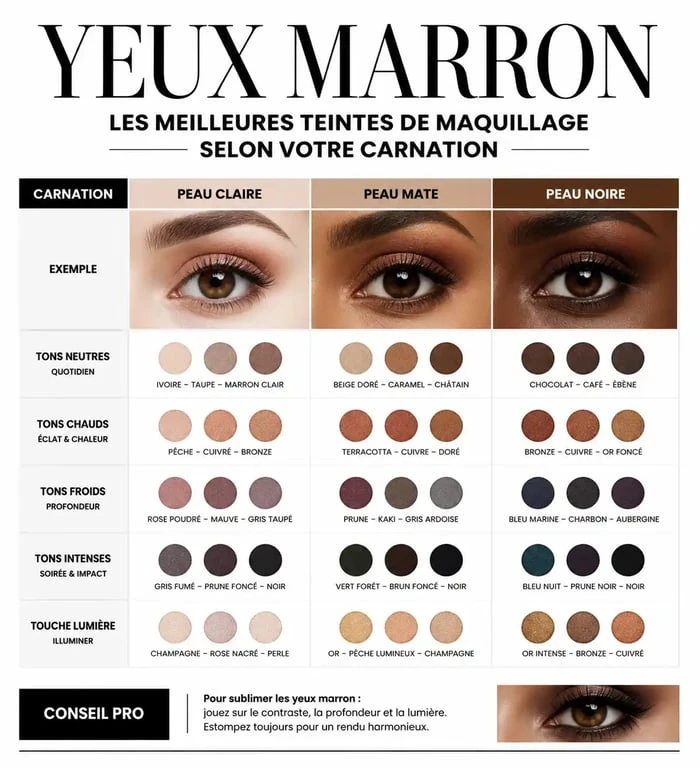 Infographie des teintes de maquillage yeux marron pour mariage selon la carnation
