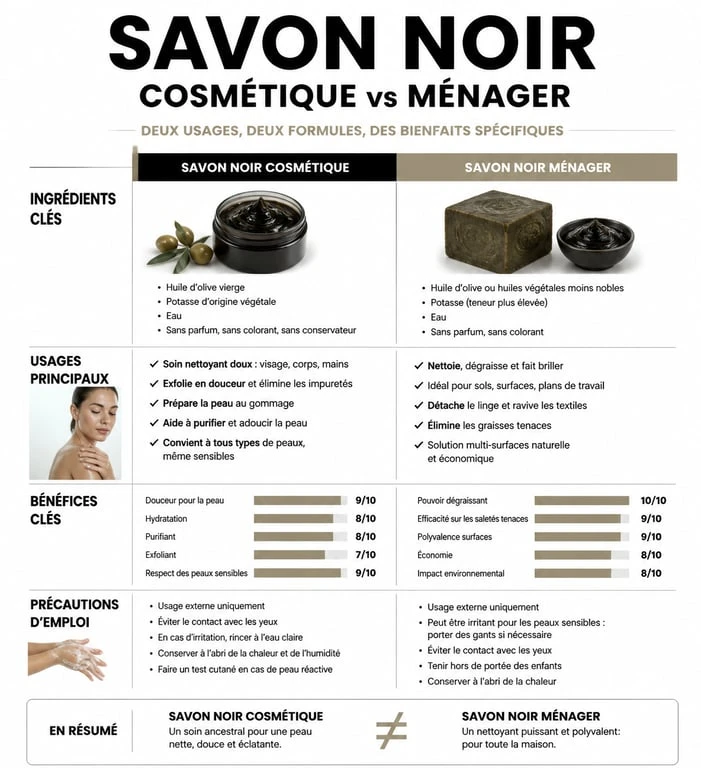 Infographie comparative des bienfaits et usages du savon noir cosmétique et ménager