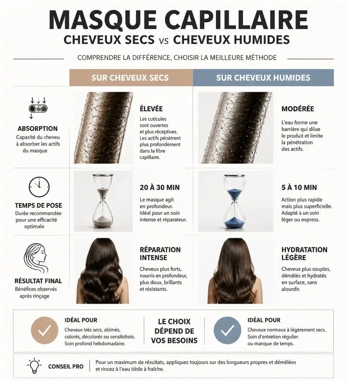 Infographie comparative : appliquer un masque sur cheveux secs ou humides pour une nutrition optimale
